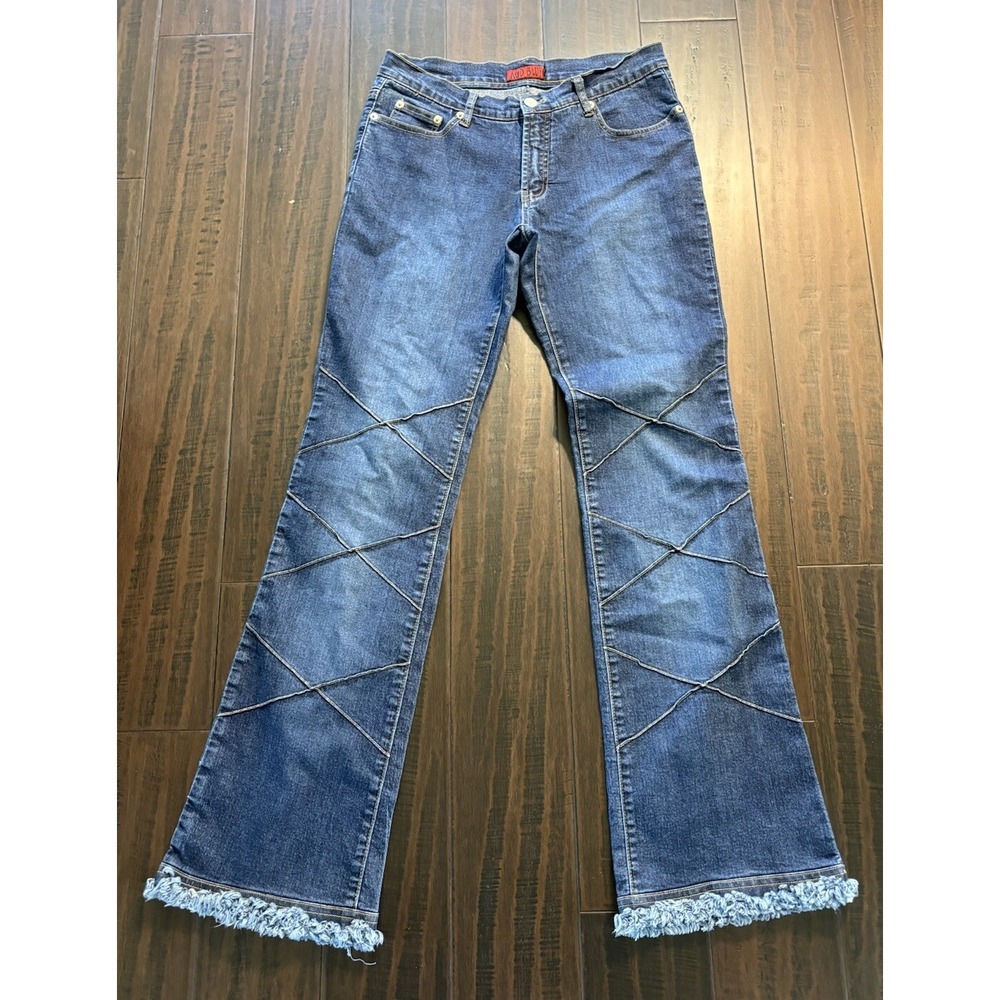 Vintage Acid Blue Jeans Womens 11 Flare Leg Hippie Bell Bottom Festival Raw Hem